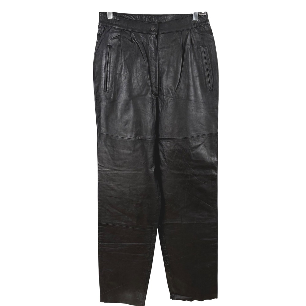 NWT Vtg Arlando Black Leather Pleated High-Waist Unhemmed Pants Womens 28" Waist